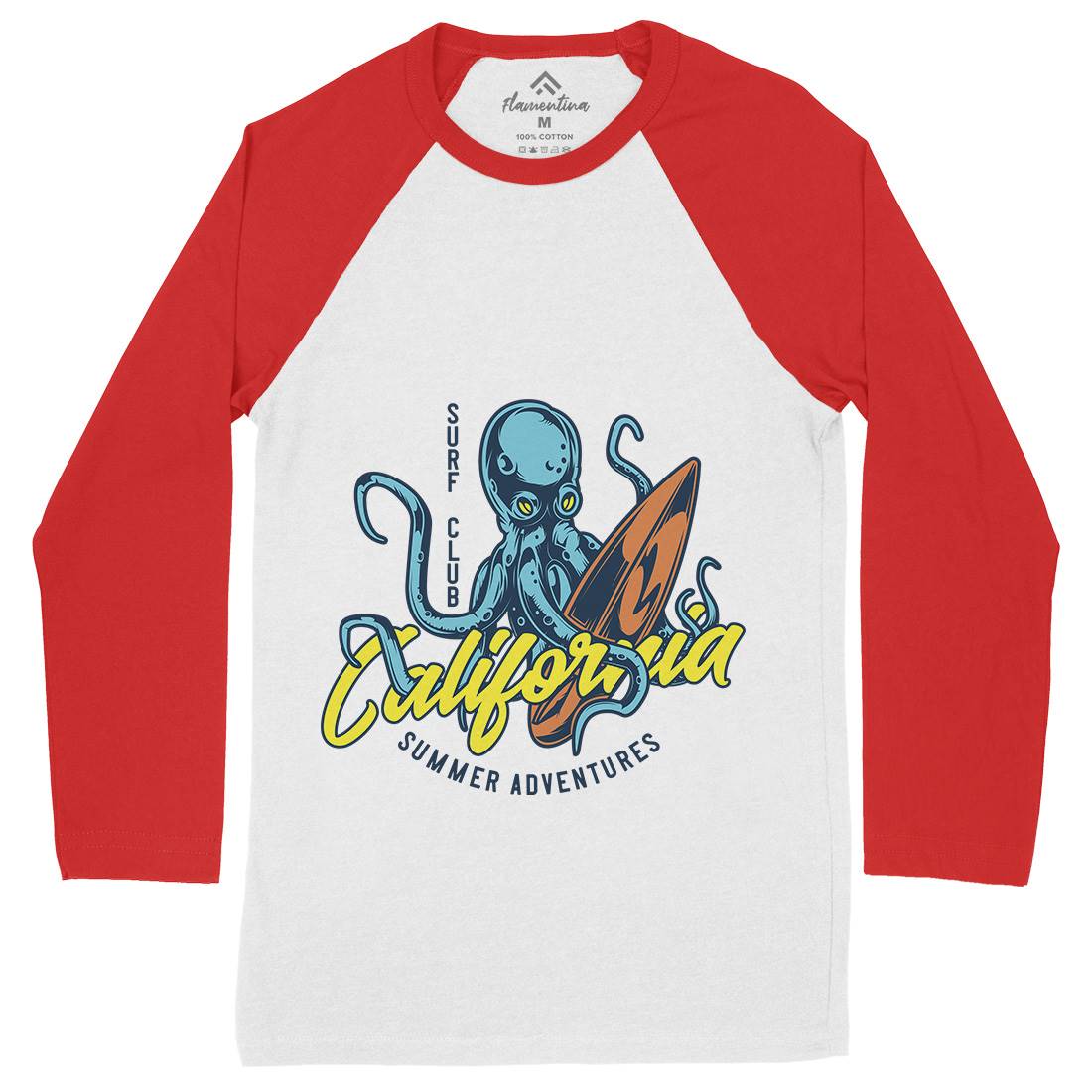 Octopus Surfing Mens Long Sleeve Baseball T-Shirt Surf B348