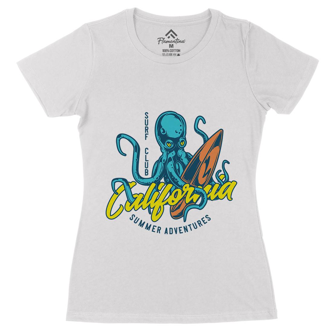 Octopus Surfing Womens Organic Crew Neck T-Shirt Surf B348