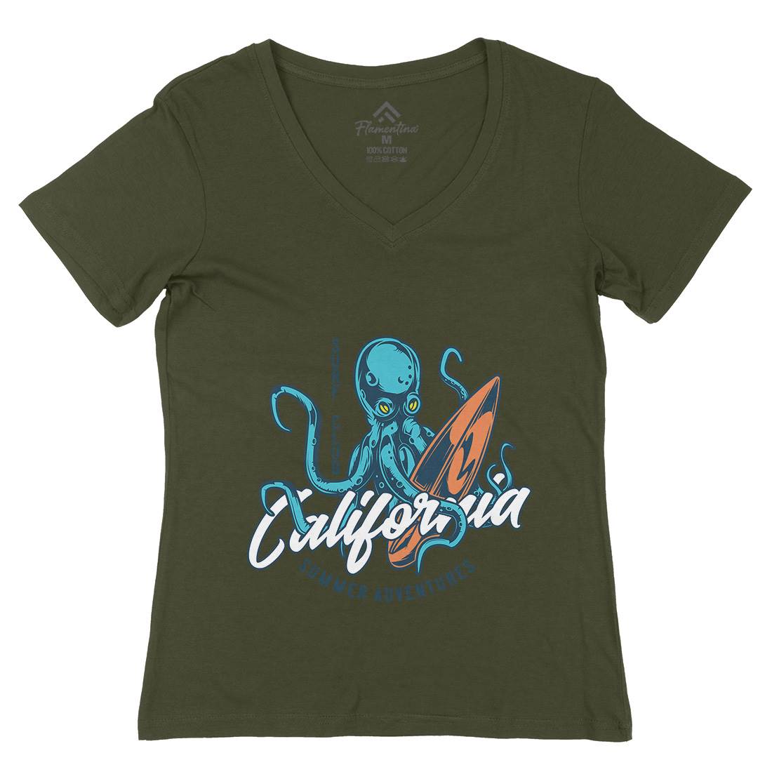 Octopus Surfing Womens Organic V-Neck T-Shirt Surf B348