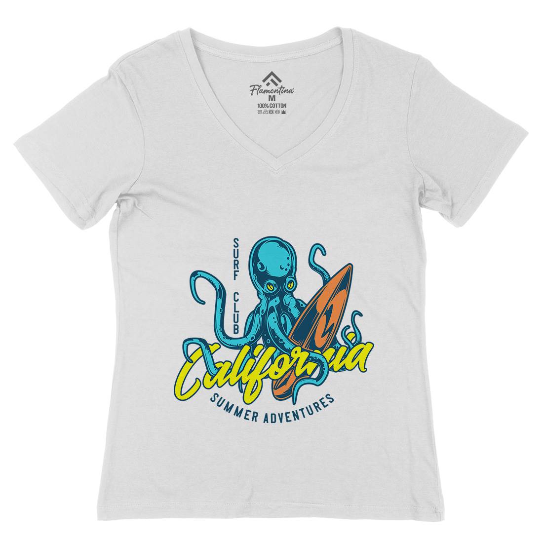 Octopus Surfing Womens Organic V-Neck T-Shirt Surf B348