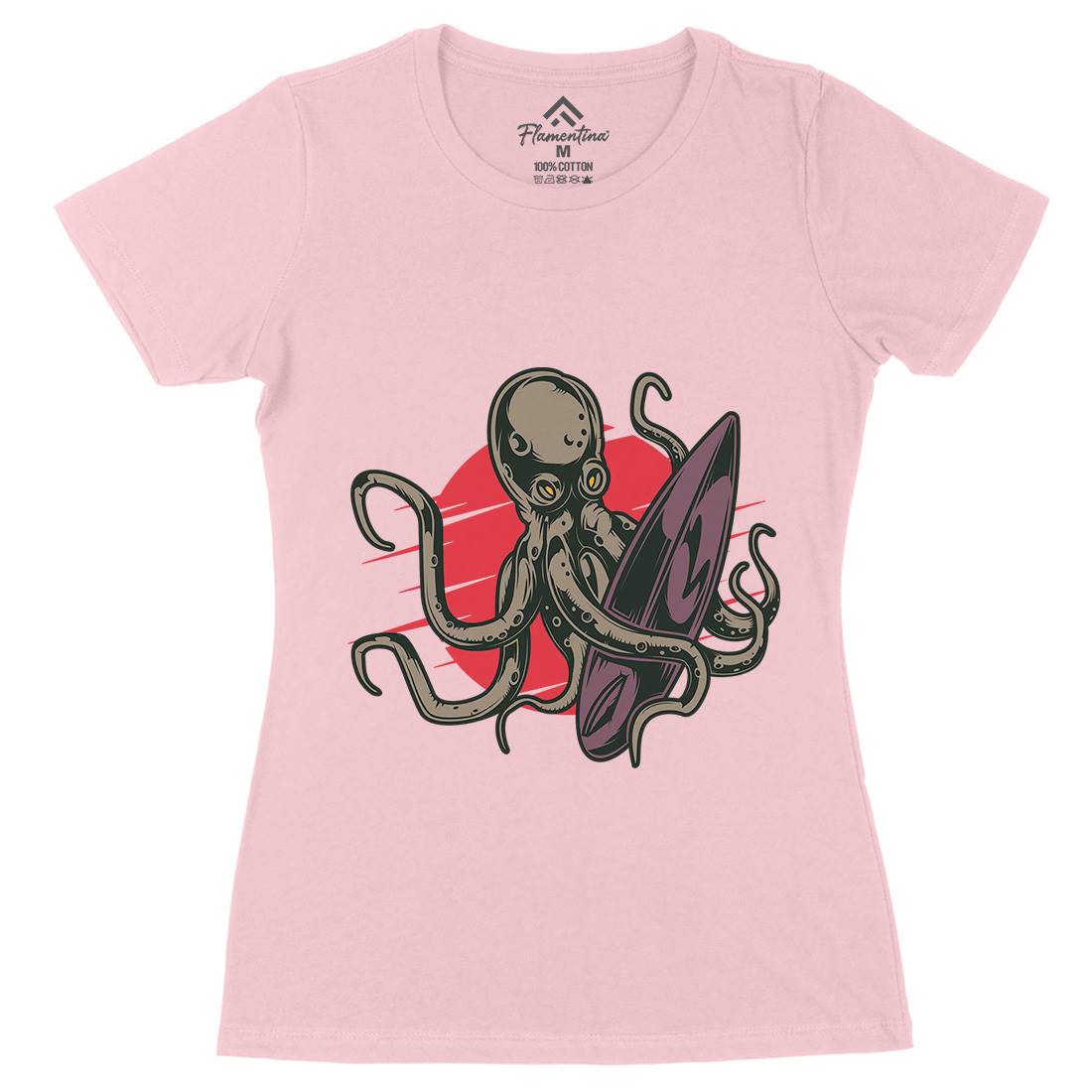 Octopus Surfing Womens Organic Crew Neck T-Shirt Surf B349