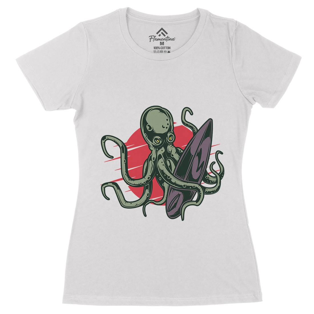 Octopus Surfing Womens Organic Crew Neck T-Shirt Surf B349