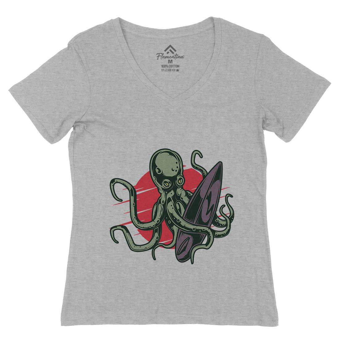Octopus Surfing Womens Organic V-Neck T-Shirt Surf B349