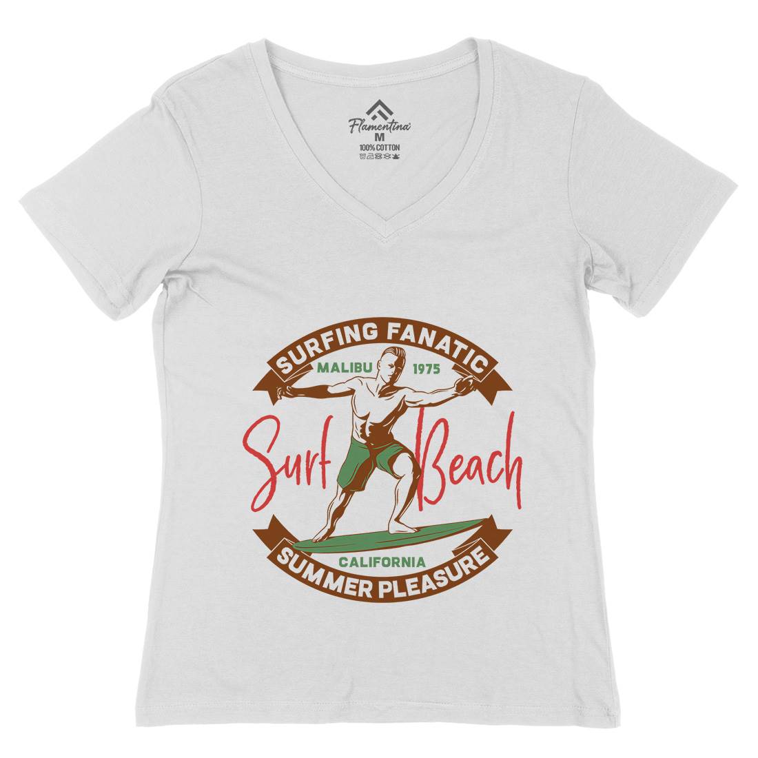 Malibu Surfing Womens Organic V-Neck T-Shirt Surf B352