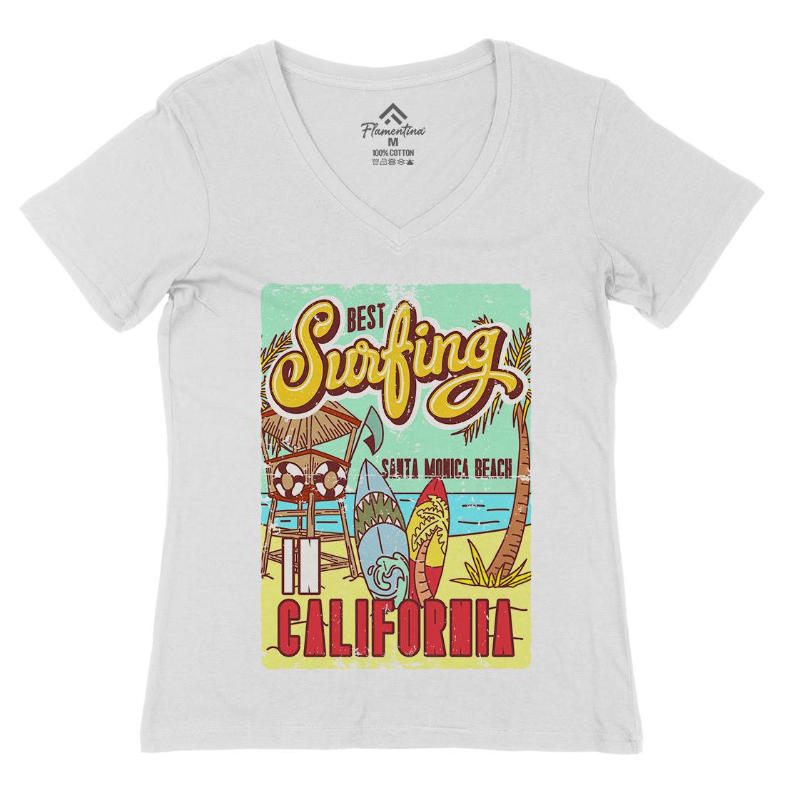 Santa Monica Surfing Womens Organic V-Neck T-Shirt Surf B355