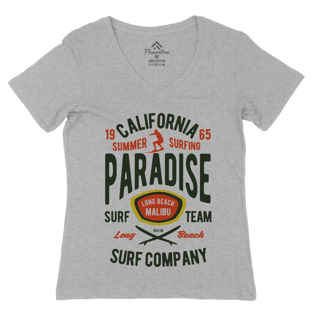 California Summer Surfing Paradise Womens Organic V-Neck T-Shirt Surf B387