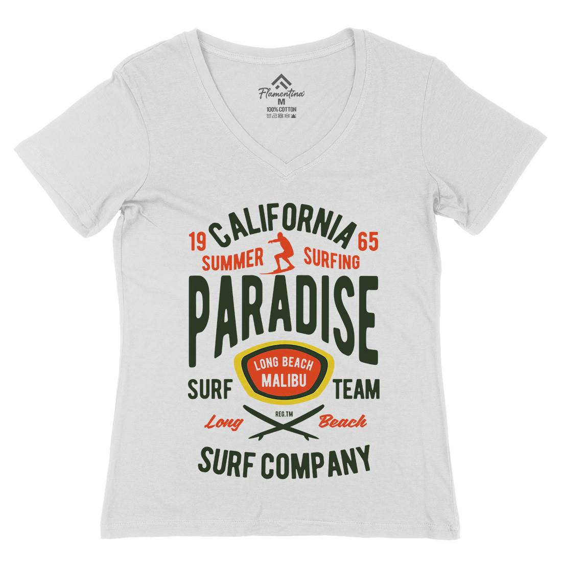California Summer Surfing Paradise Womens Organic V-Neck T-Shirt Surf B387