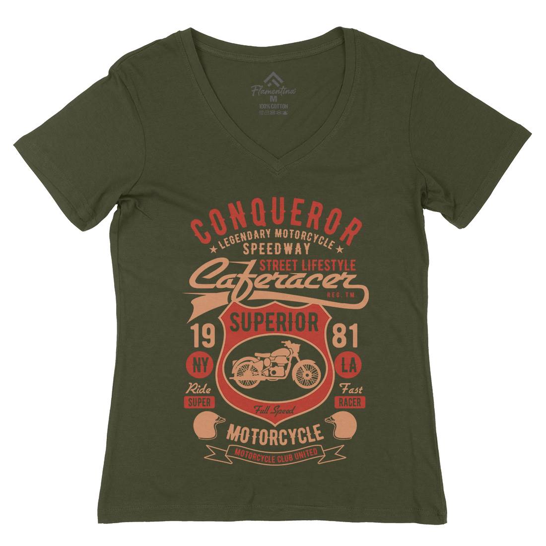 Conqueror Speedway Womens Organic V-Neck T-Shirt Motorcycles B398