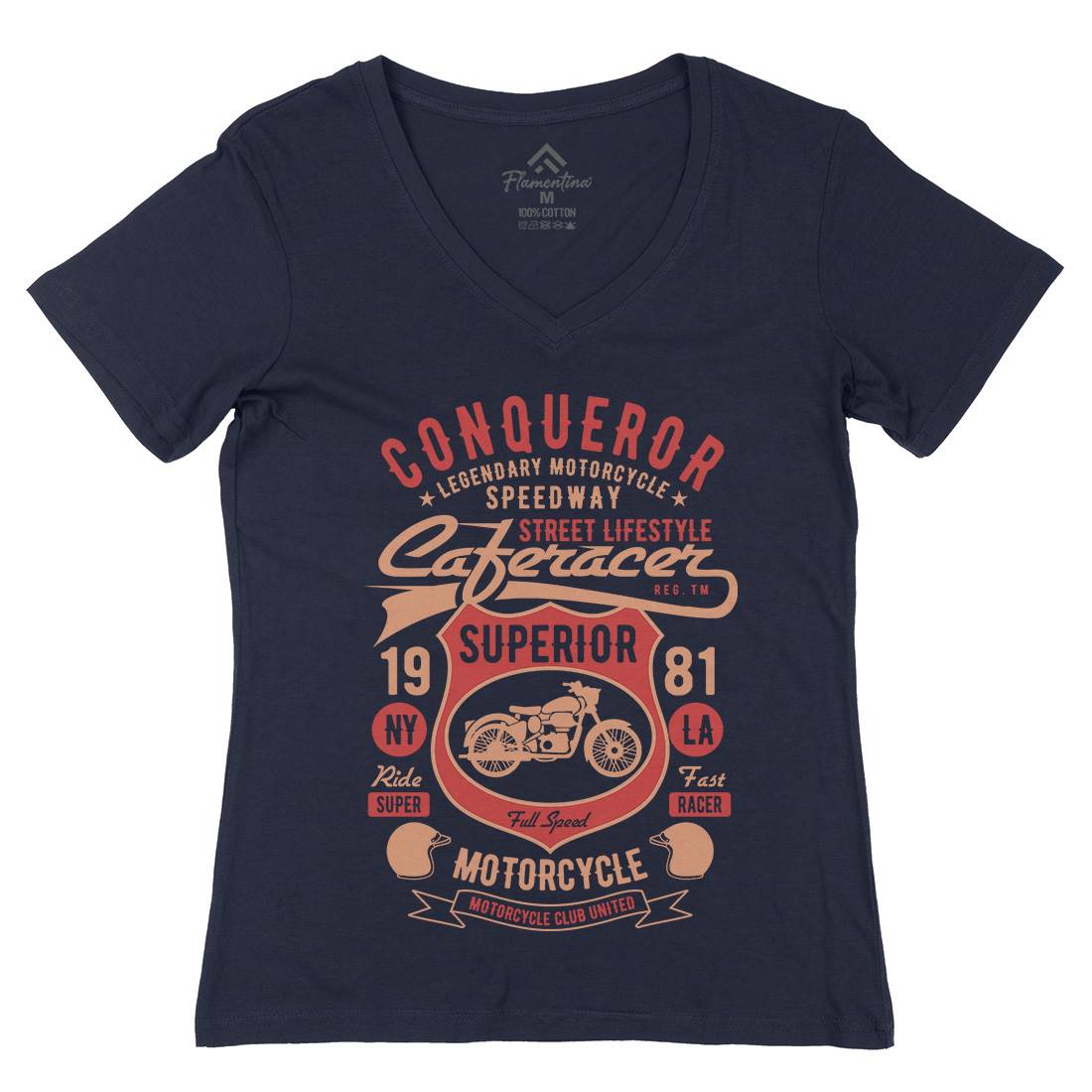 Conqueror Speedway Womens Organic V-Neck T-Shirt Motorcycles B398
