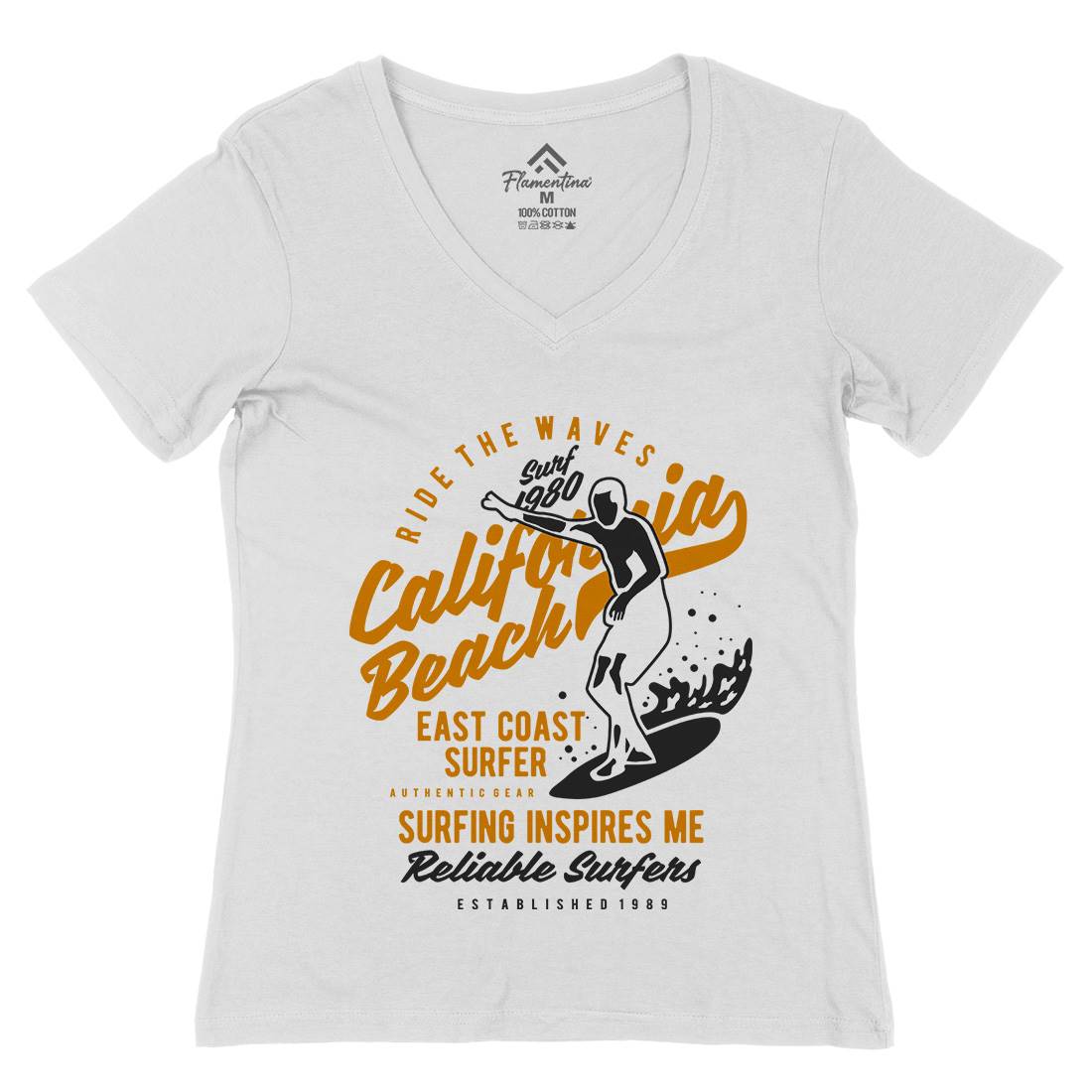 Ride The Waves In California Womens Organic V-Neck T-Shirt Surf B439