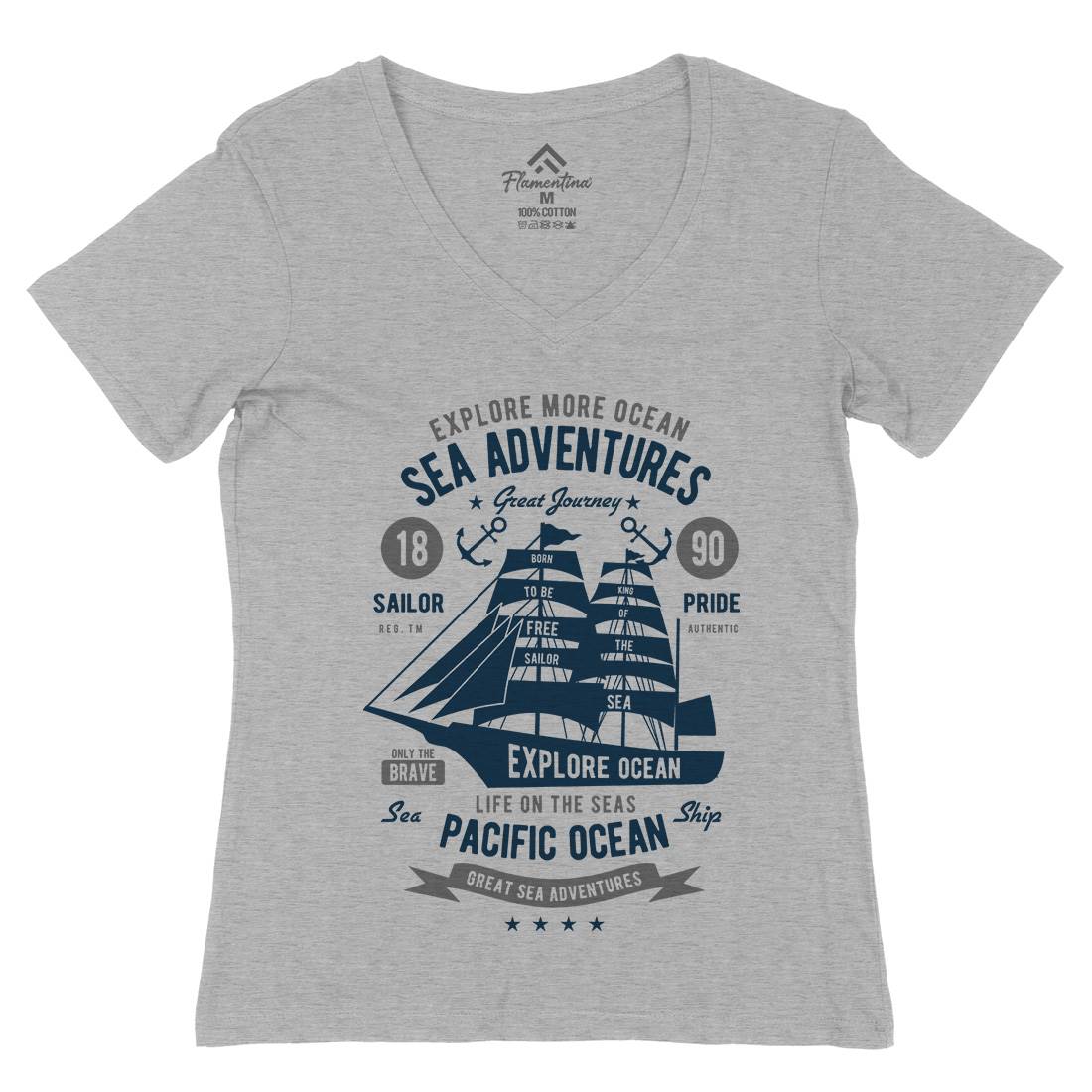Sea Adventures Womens Organic V-Neck T-Shirt Navy B446
