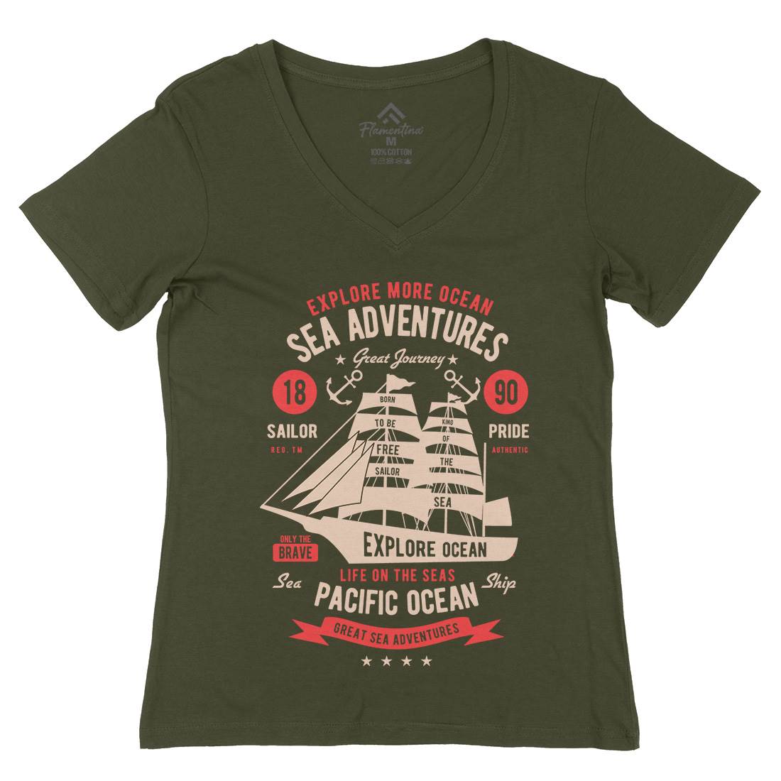Sea Adventures Womens Organic V-Neck T-Shirt Navy B446