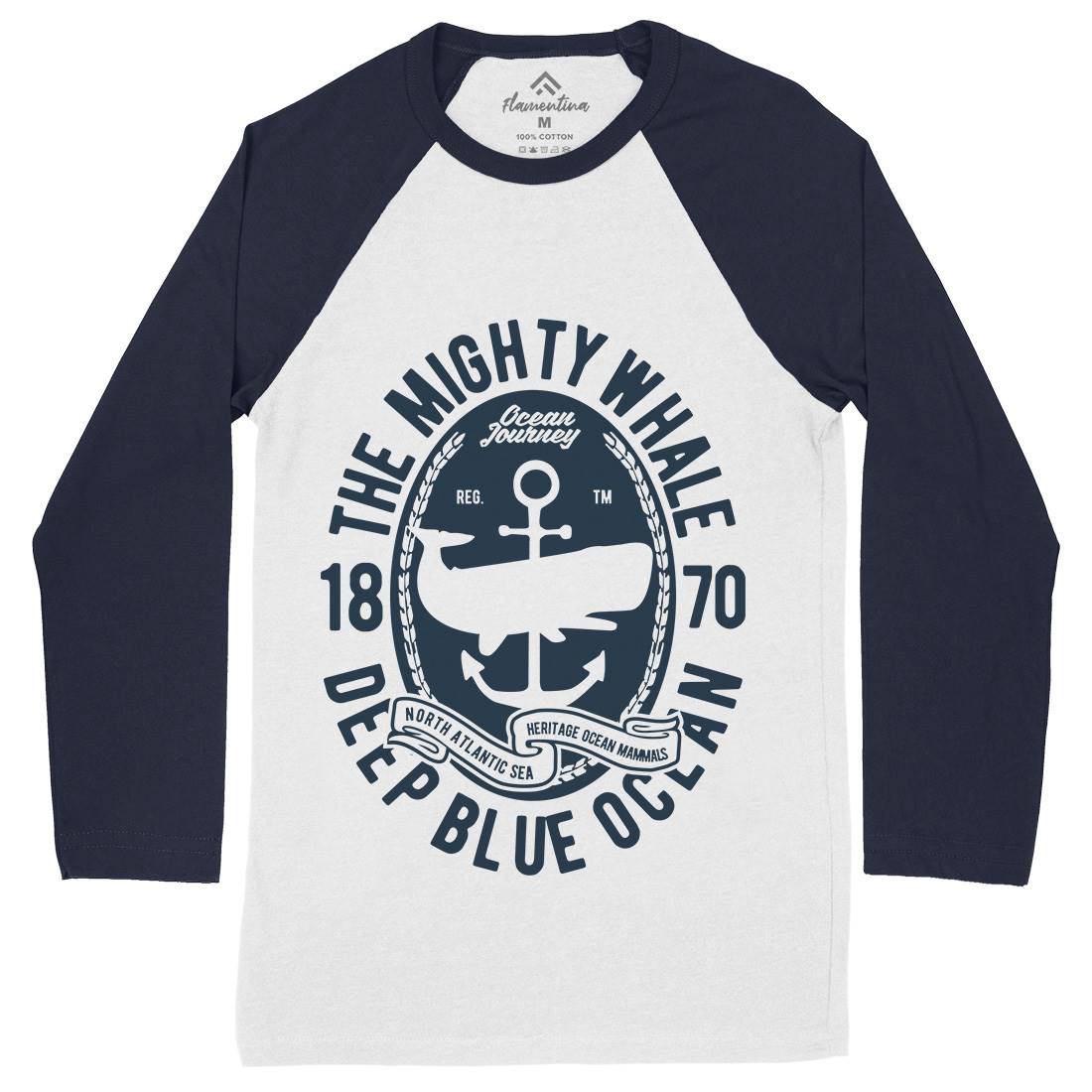 The Mighty Whale Mens Long Sleeve Baseball T-Shirt Navy B466