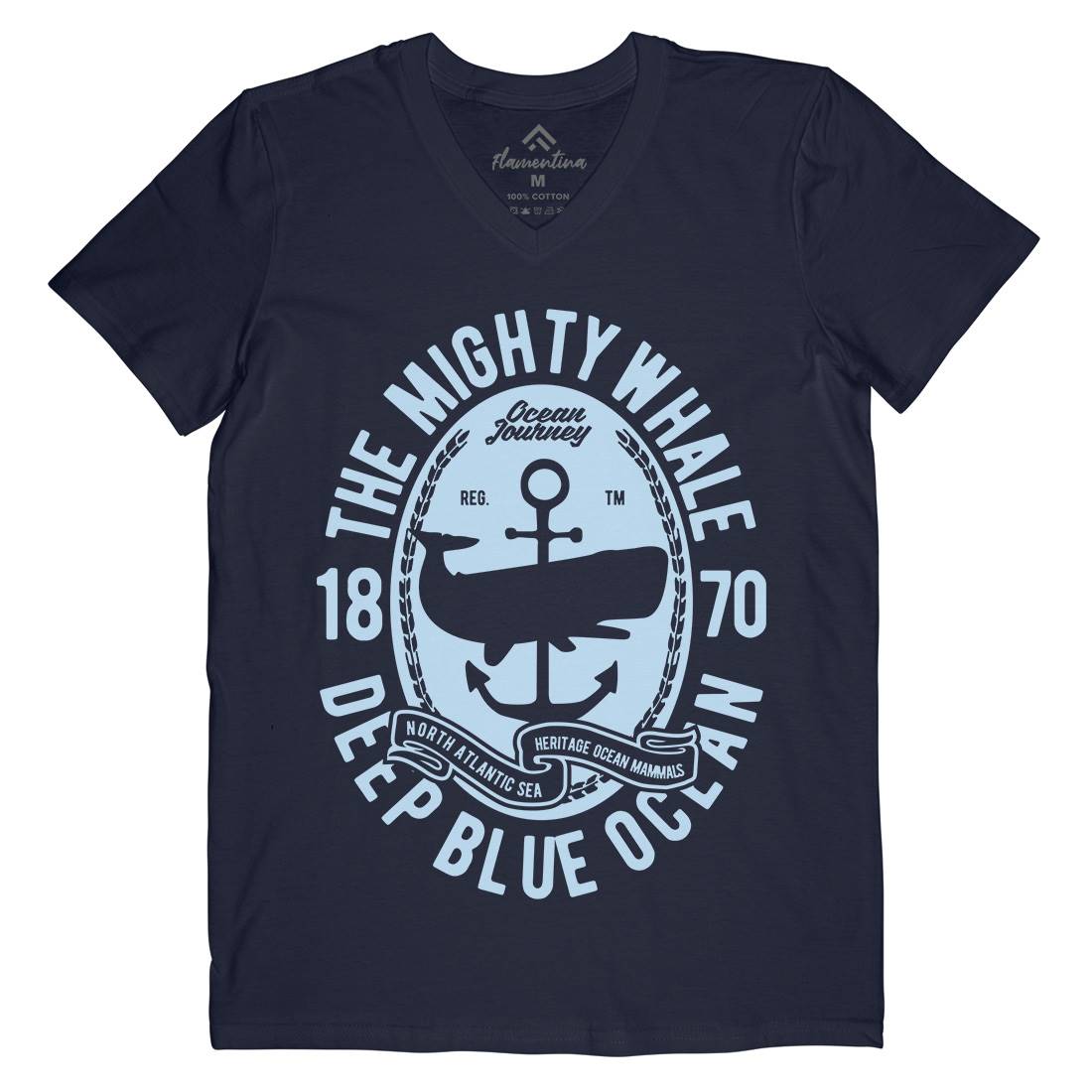 The Mighty Whale Mens V-Neck T-Shirt Navy B466