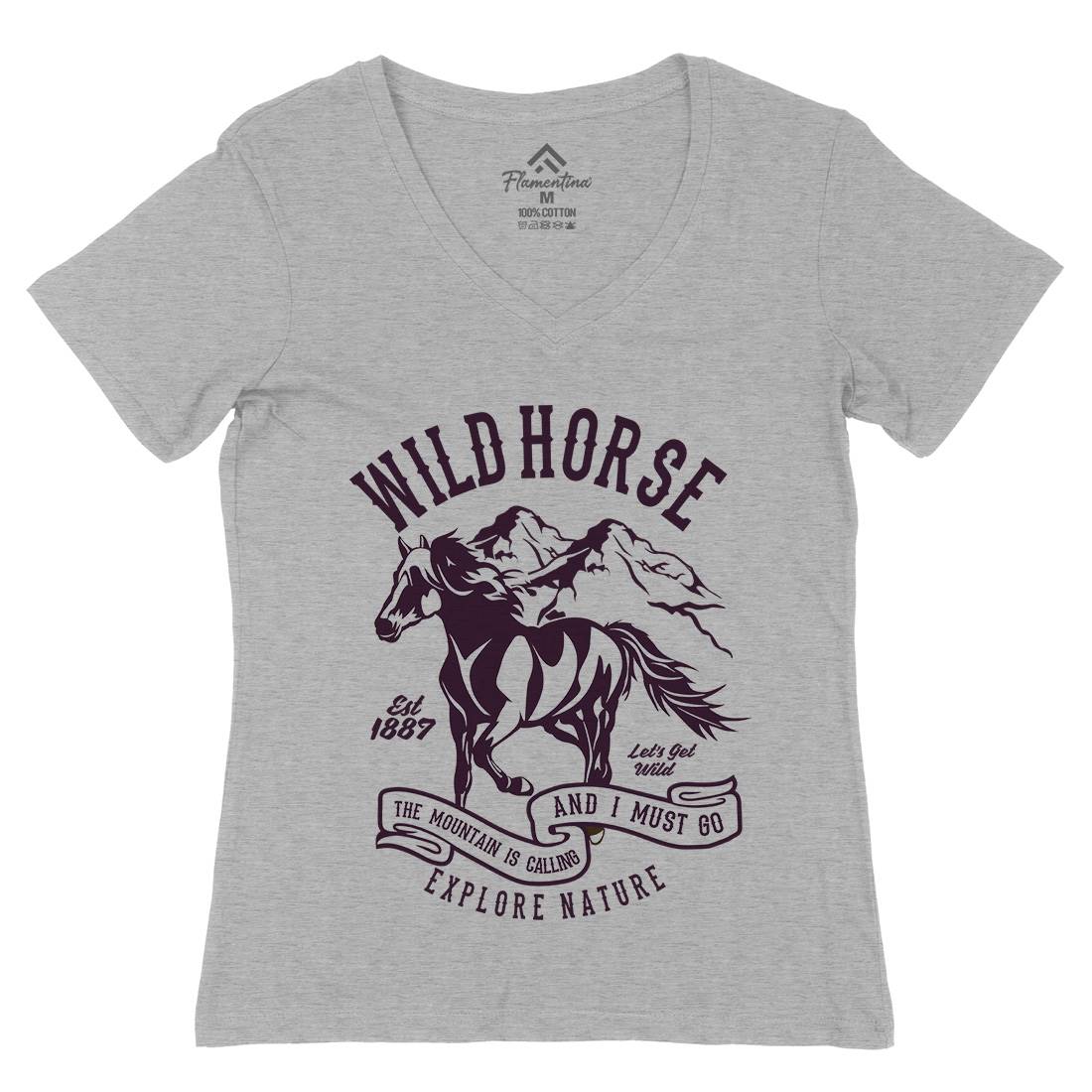 Wild Horse Womens Organic V-Neck T-Shirt Animals B473