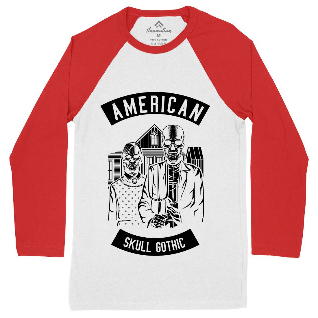 American Skull Gothic Mens Long Sleeve Baseball T-Shirt Horror B480