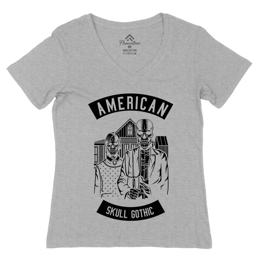 American Skull Gothic Womens Organic V-Neck T-Shirt Horror B480