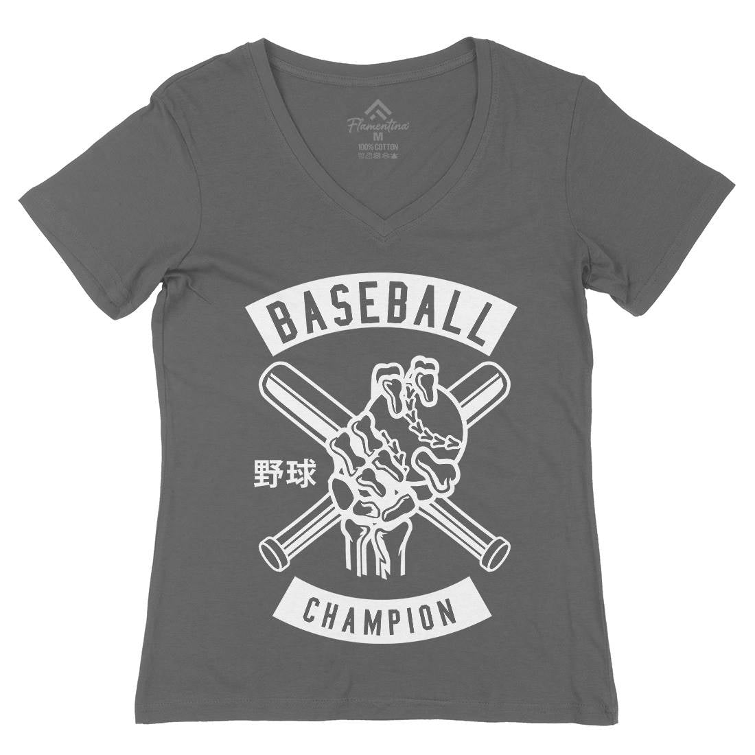 Baseball Champion Skull Hand Womens Organic V-Neck T-Shirt Sport B488