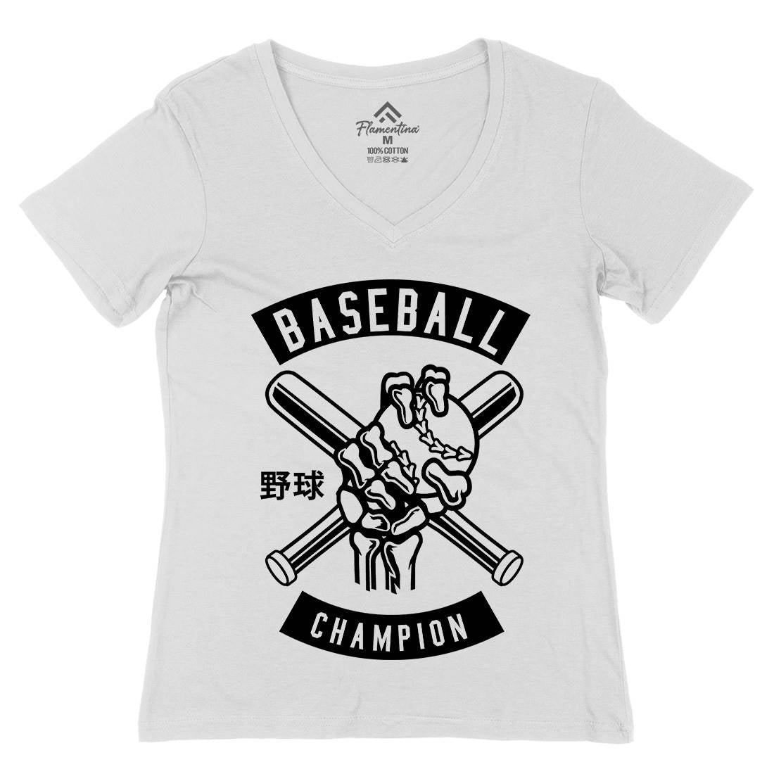 Baseball Champion Skull Hand Womens Organic V-Neck T-Shirt Sport B488