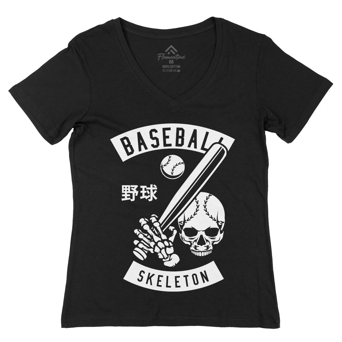 Baseball Skeleton Womens Organic V-Neck T-Shirt Sport B489