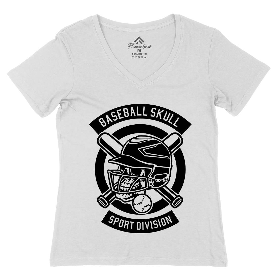 Baseball Skull Womens Organic V-Neck T-Shirt Sport B490