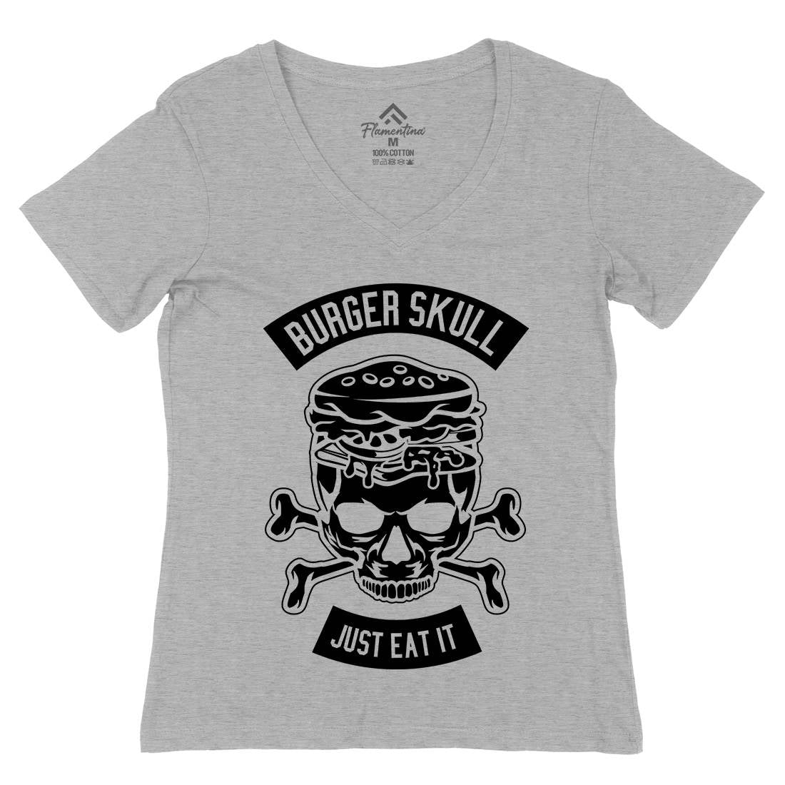 Burger Skull Womens Organic V-Neck T-Shirt Food B508