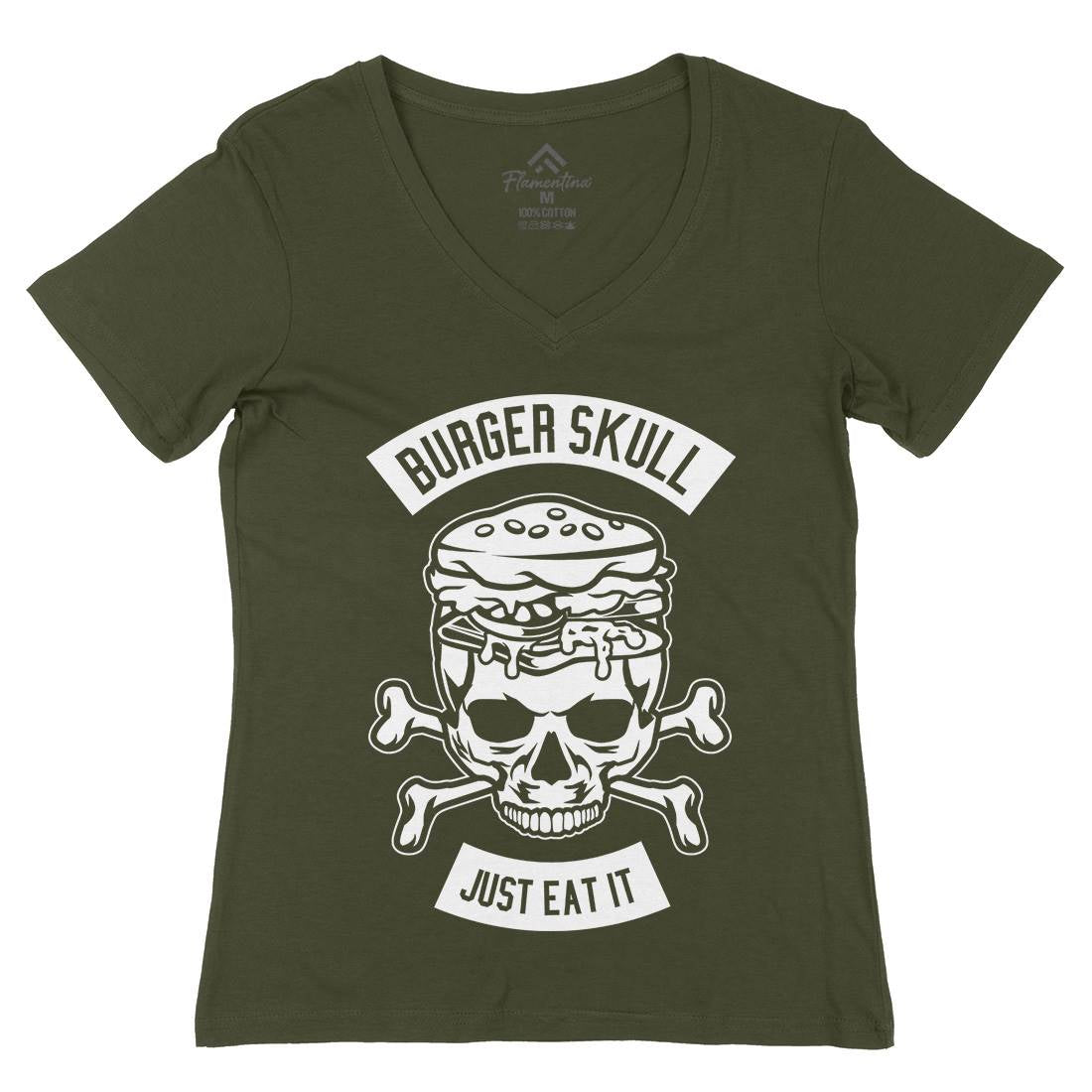 Burger Skull Womens Organic V-Neck T-Shirt Food B508