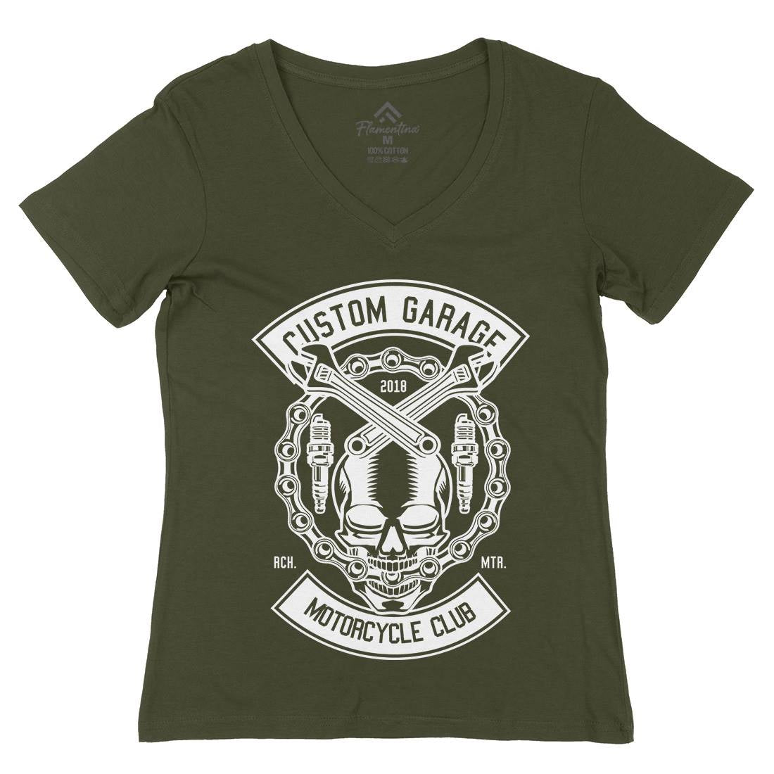 Custom Garage Skull Womens Organic V-Neck T-Shirt Motorcycles B523
