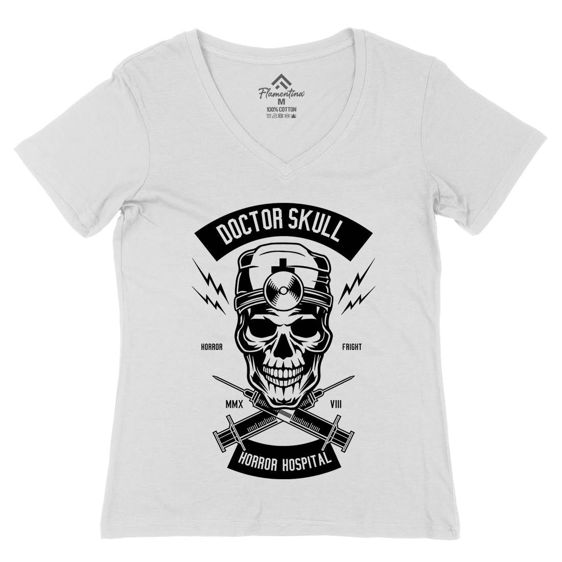 Doctor Skull Womens Organic V-Neck T-Shirt Horror B533