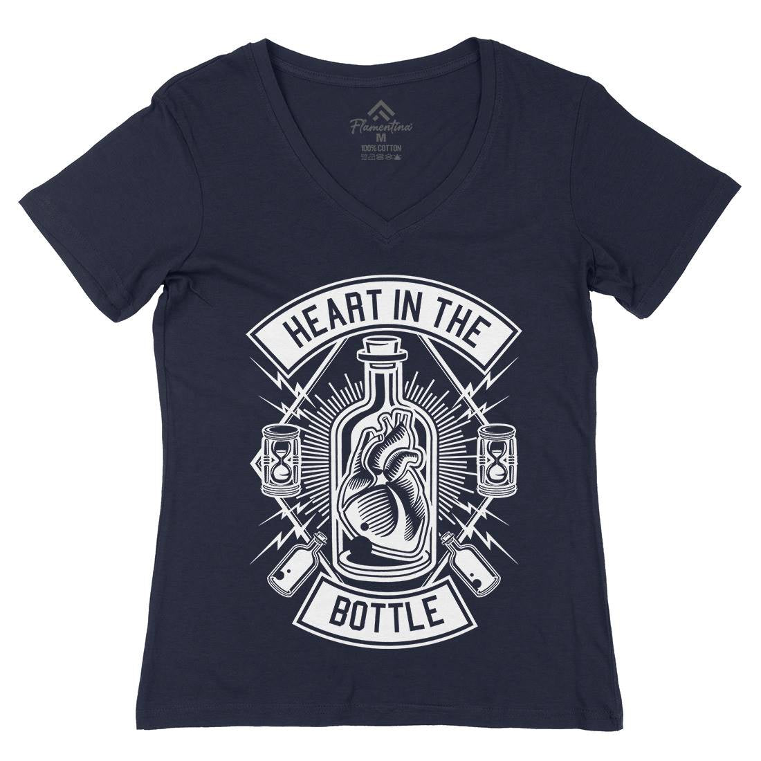Heart In The Bottle Womens Organic V-Neck T-Shirt Navy B552