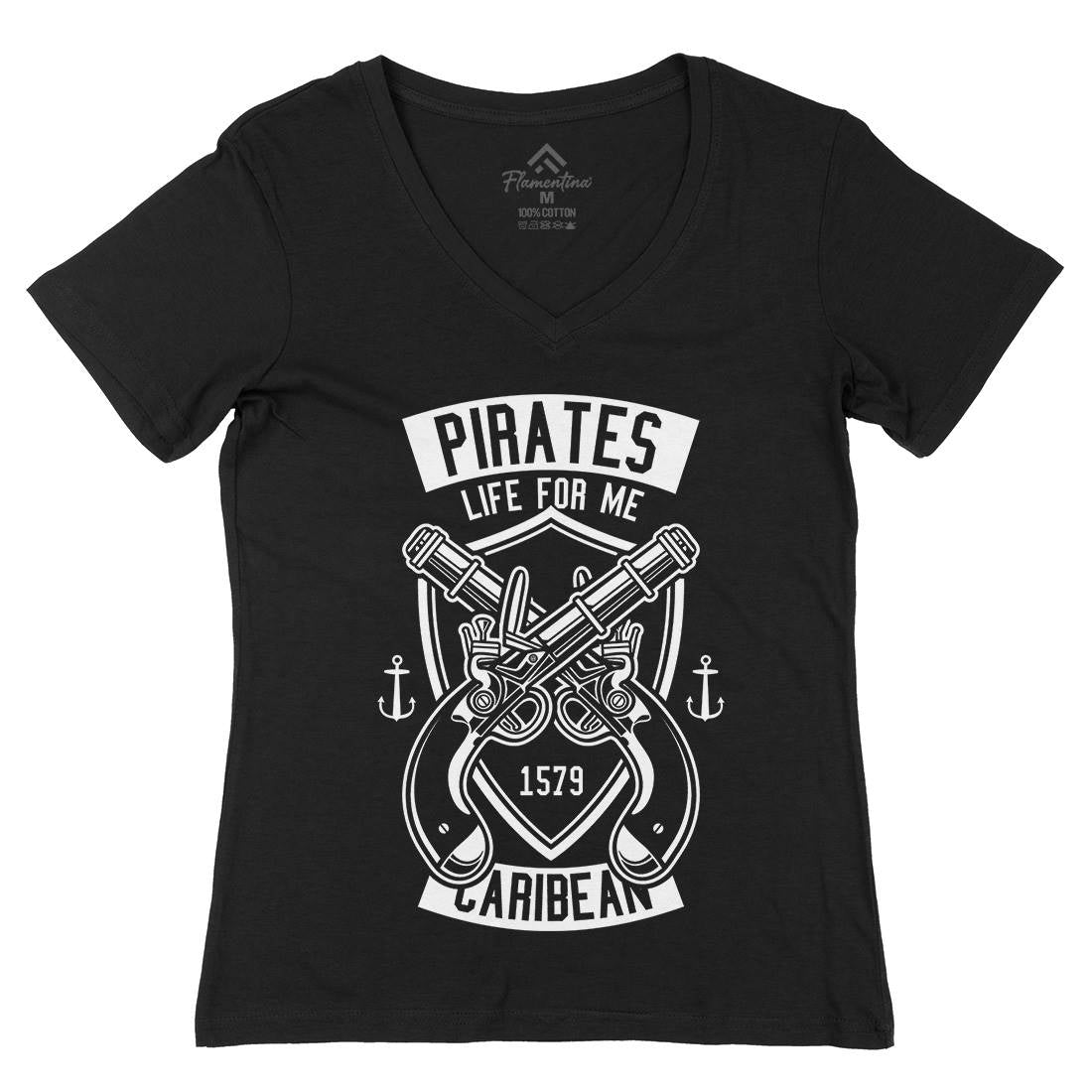 Caribbean Pirates Womens Organic V-Neck T-Shirt Navy B598