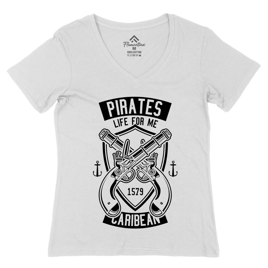 Caribbean Pirates Womens Organic V-Neck T-Shirt Navy B598