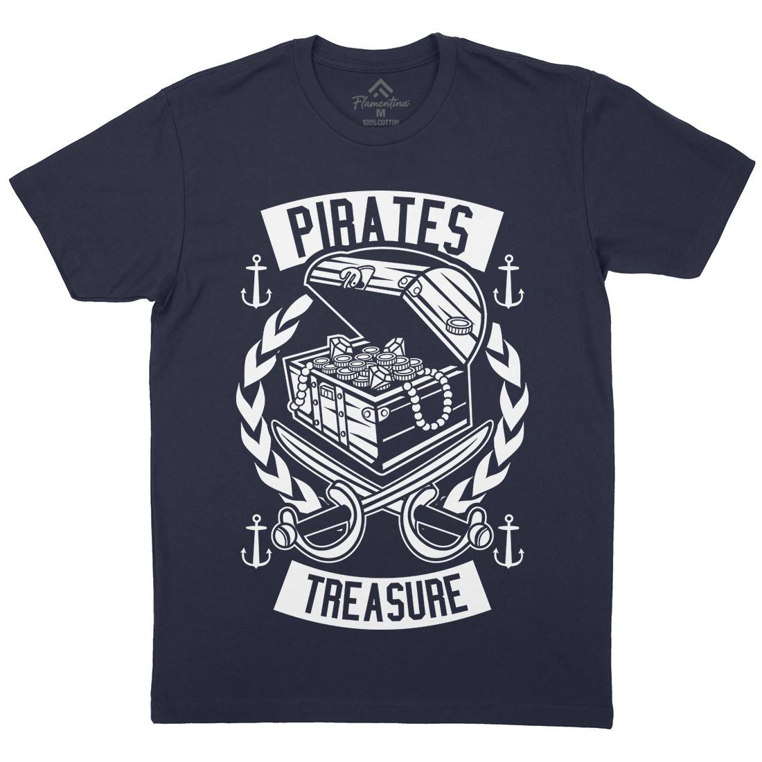 Pirates Treasure Mens Organic Crew Neck T-Shirt Navy B600