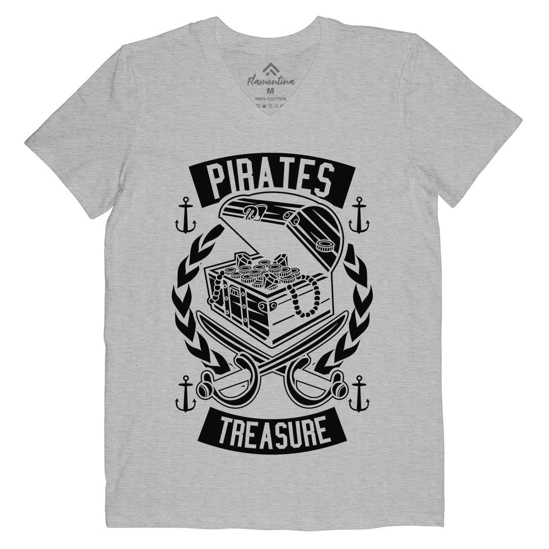 Pirates Treasure Mens Organic V-Neck T-Shirt Navy B600