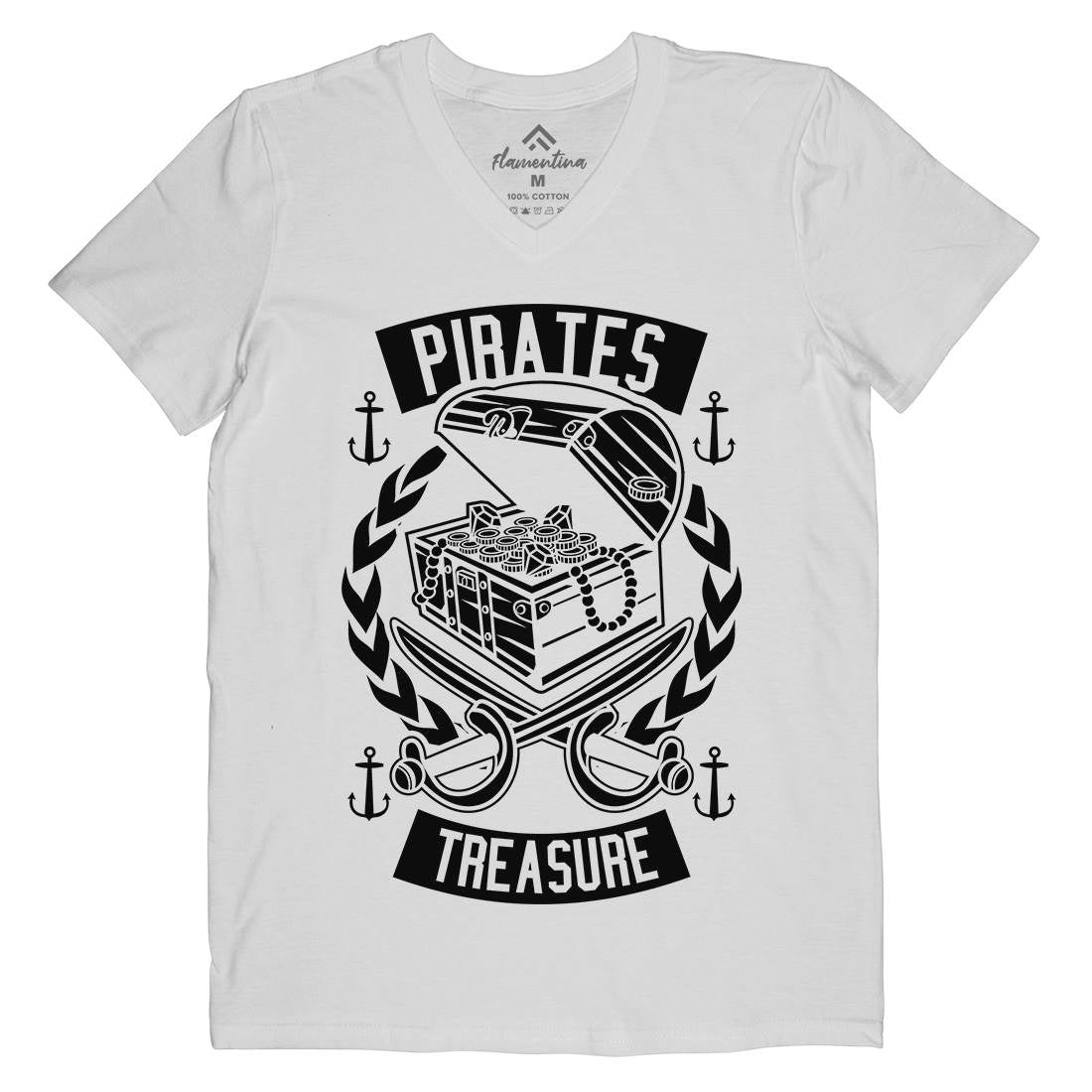 Pirates Treasure Mens Organic V-Neck T-Shirt Navy B600