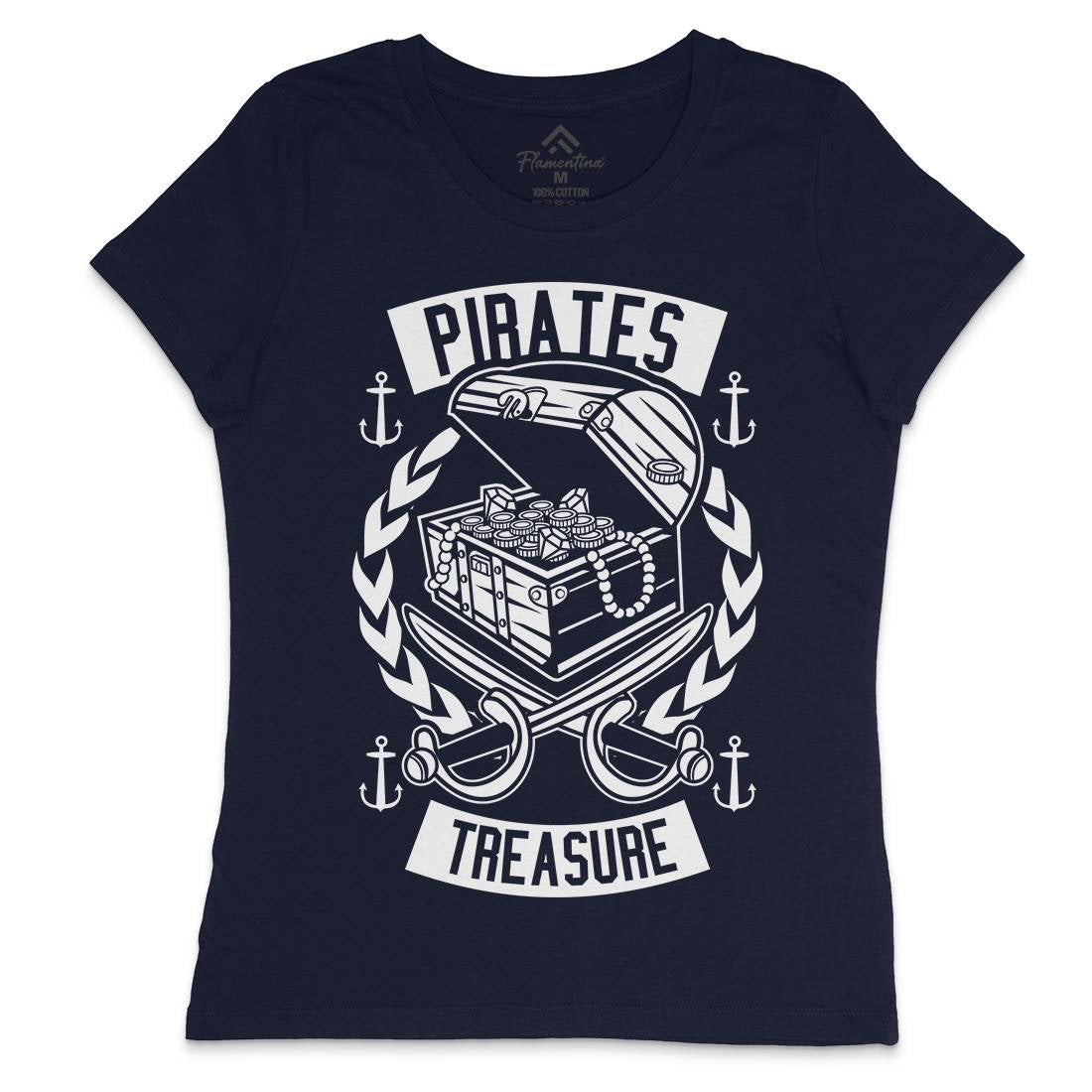 Pirates Treasure Womens Crew Neck T-Shirt Navy B600