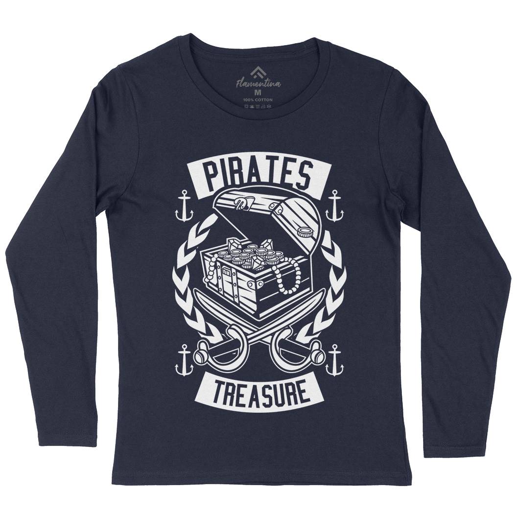 Pirates Treasure Womens Long Sleeve T-Shirt Navy B600