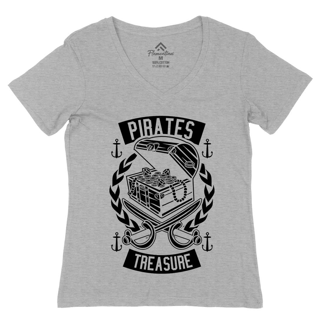Pirates Treasure Womens Organic V-Neck T-Shirt Navy B600