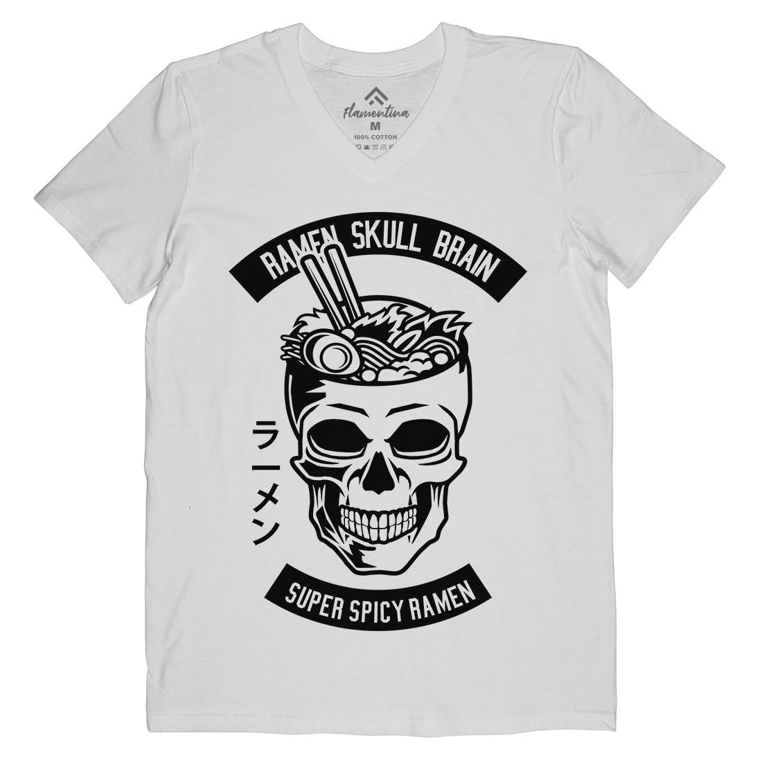 Ramen Skull Brain Mens Organic V-Neck T-Shirt Food B607