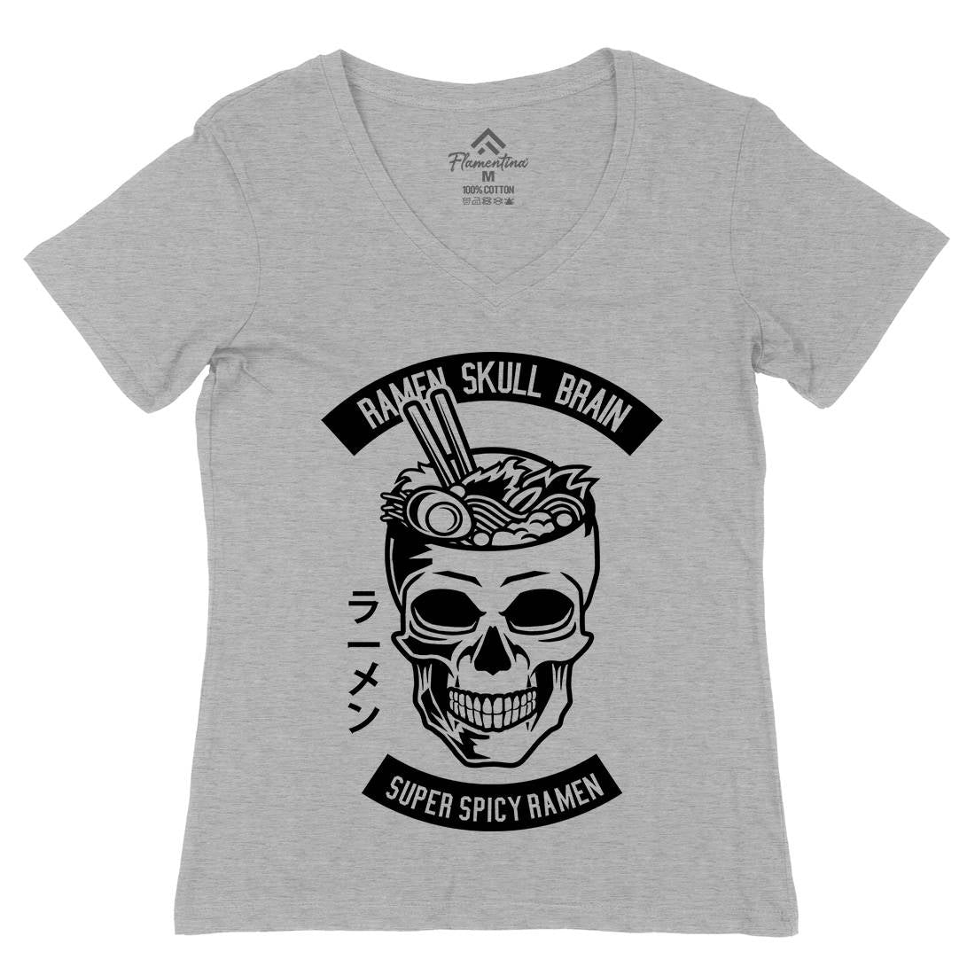 Ramen Skull Brain Womens Organic V-Neck T-Shirt Food B607