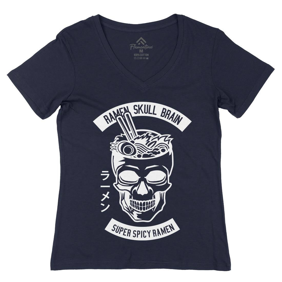 Ramen Skull Brain Womens Organic V-Neck T-Shirt Food B607