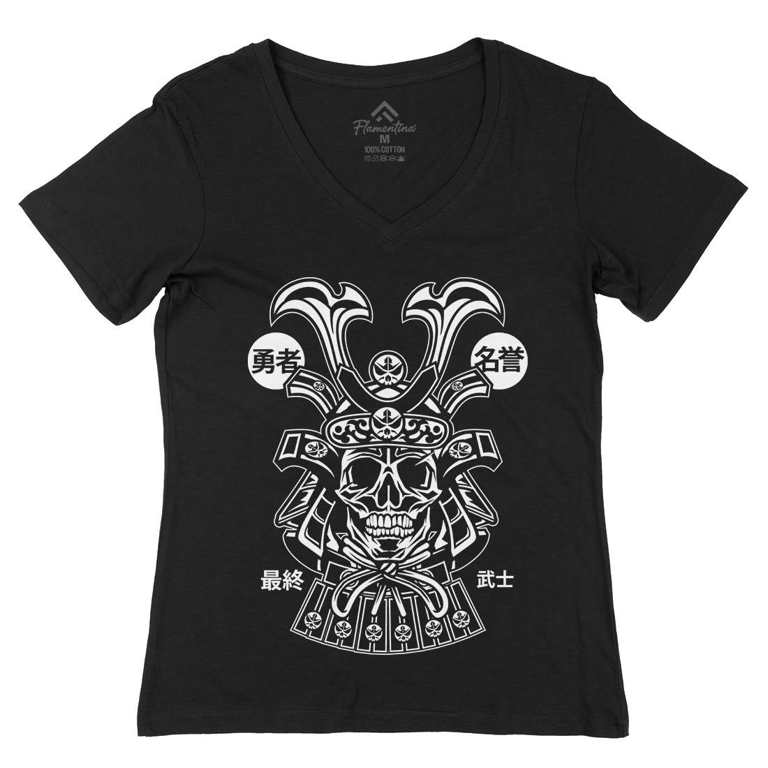 Samurai Skull Womens Organic V-Neck T-Shirt Asian B616
