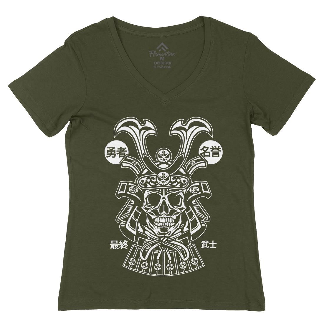Samurai Skull Womens Organic V-Neck T-Shirt Asian B616