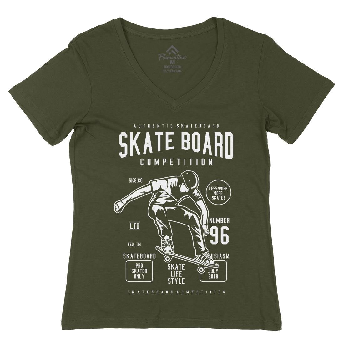 Skateboard Competition Womens Organic V-Neck T-Shirt Skate B623