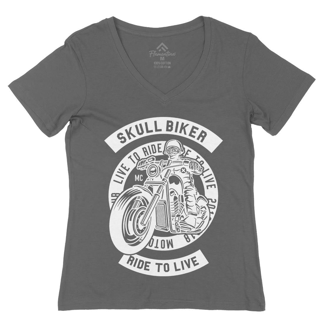 Skull Biker Womens Organic V-Neck T-Shirt Bikes B626
