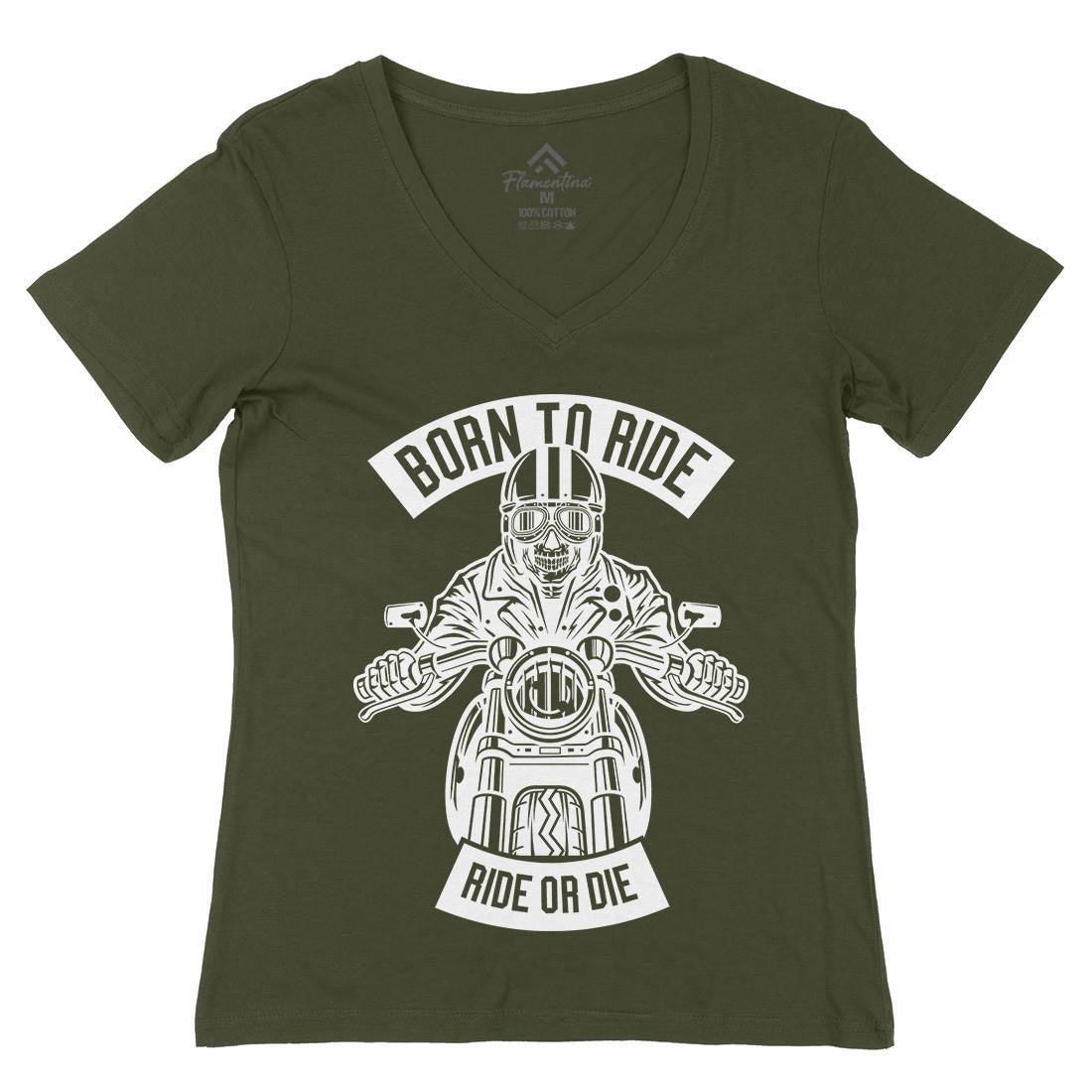 Skull Rider Born To Ride Womens Organic V-Neck T-Shirt Motorcycles B632