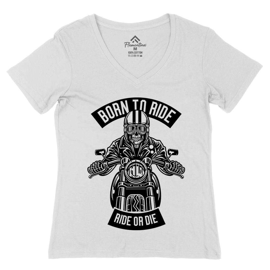 Skull Rider Born To Ride Womens Organic V-Neck T-Shirt Motorcycles B632