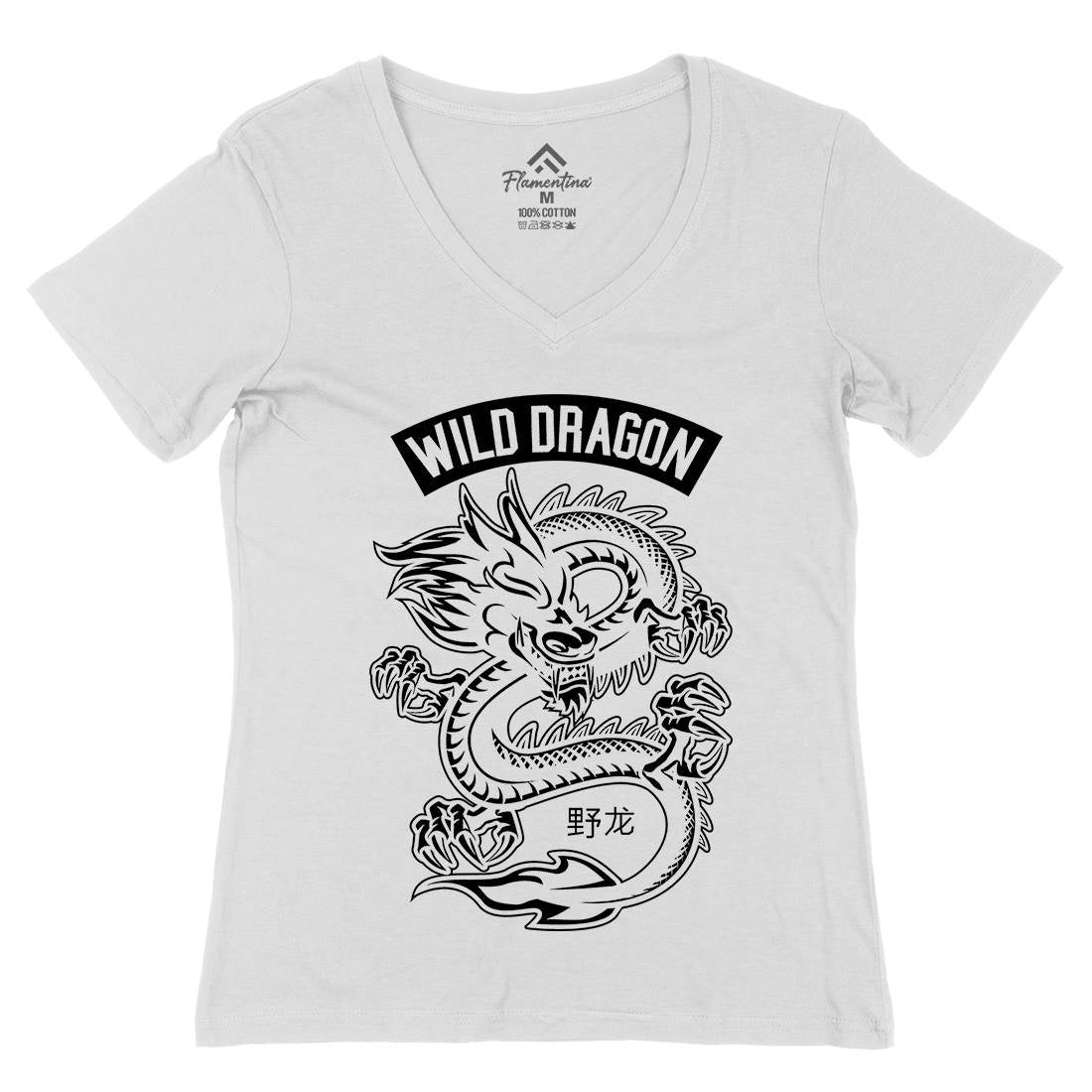 Wild Dragon Womens Organic V-Neck T-Shirt Asian B670