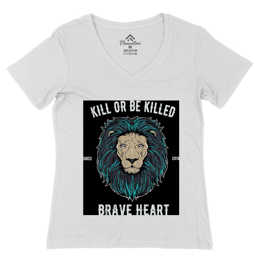 Lion Brave Heart Womens Organic V-Neck T-Shirt Animals B736