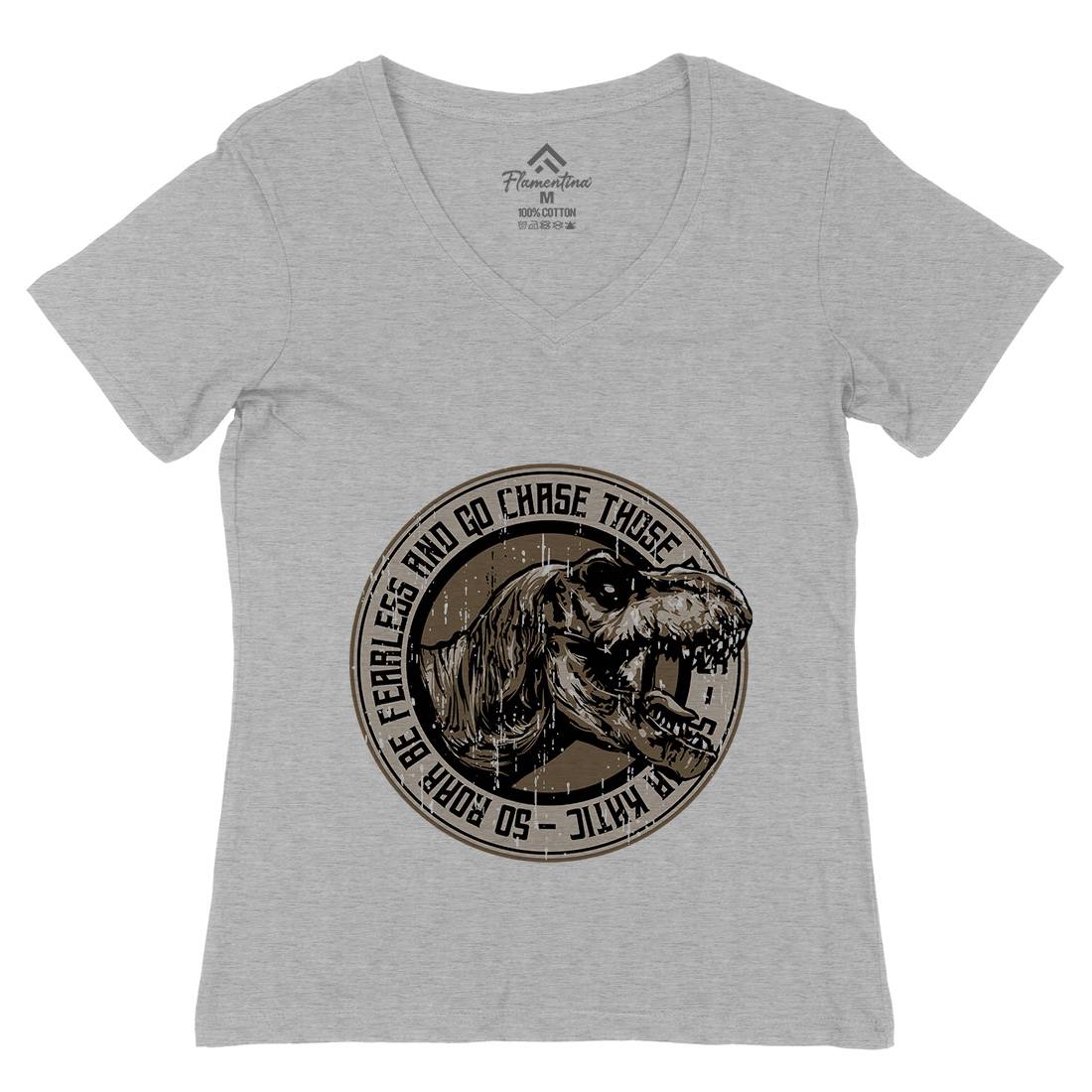 T-Rex Roar Womens Organic V-Neck T-Shirt Animals B764